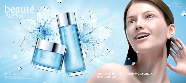 Hydrating cosmetic ads with liquid lily and confident woman in 3d illustration