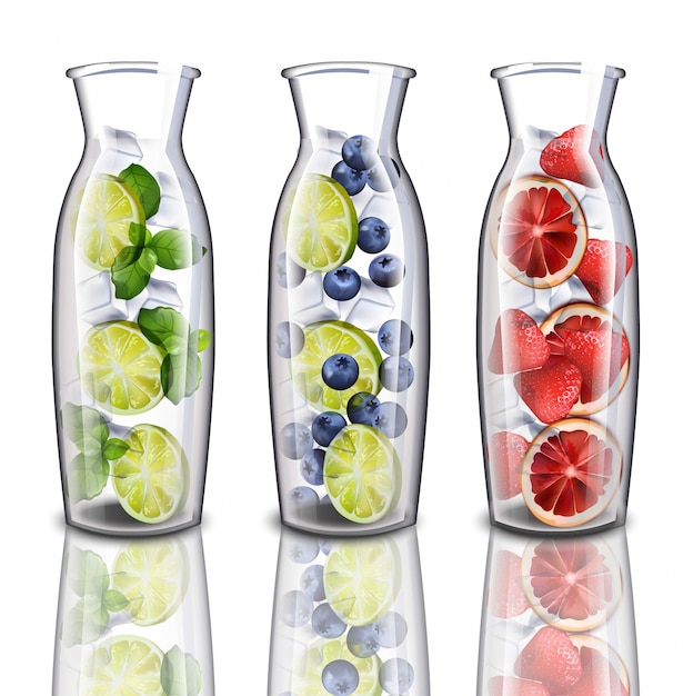 Hydrating detox water drinks set collection. strawberry, lime, blueberry flavors