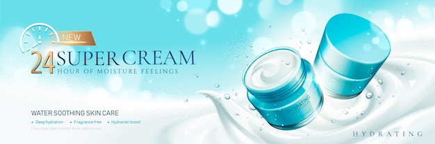 Hydrating super cream with creamy texture on glitter light blue background 