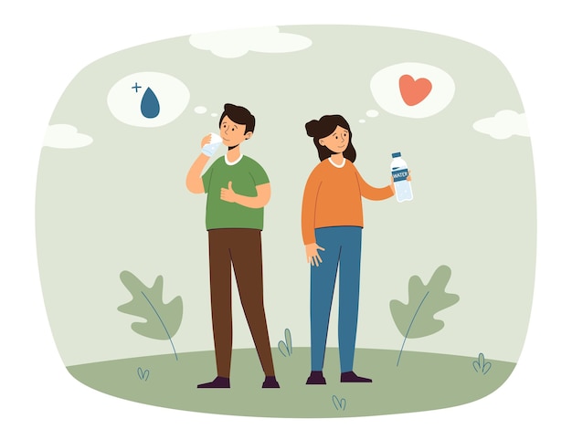 Hydration concept Healthy and active lifestyle Happy woman and man stands with bottle of water