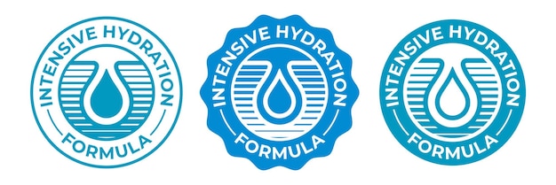 Hydration icon moisturizing water drop vector logo for cosmetic products package Intensive hydration effect formula icon for moisturizer skincare cream and hyaluronic acid serum