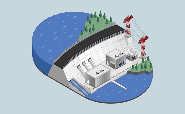 Centrale idroelettrica ad energia idroelettrica con grafica isometrica