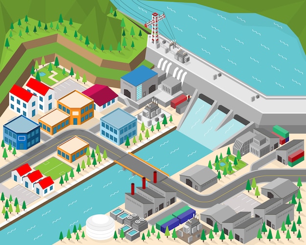 수력 발전소, 아이소 메트릭 그래픽의 수력 터빈을 갖춘 댐