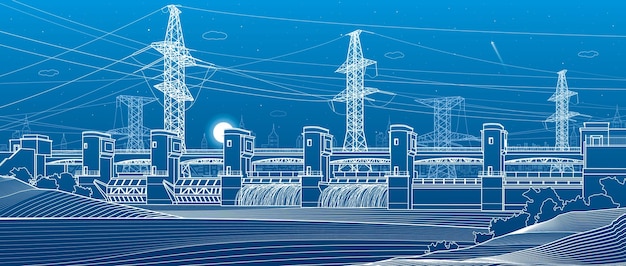 Centrale idroelettrica. diga del fiume. fonti di energia rinnovabile. sistemi di trasmissione ad alta tensione