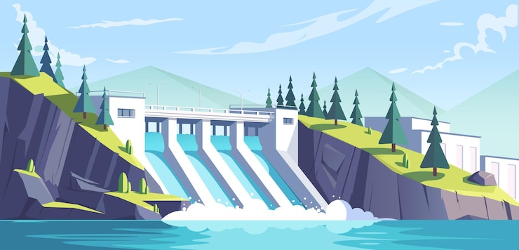 Vector hydroelectric dam with flowing water modern vector illustration style mountainous background renewable energy concept vector illustration