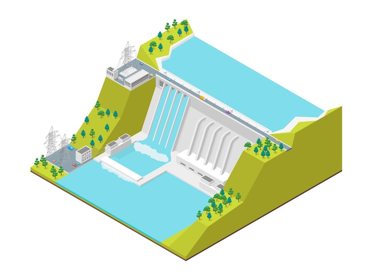 Vector hydroelectric power station concept 3d isometric view vector
