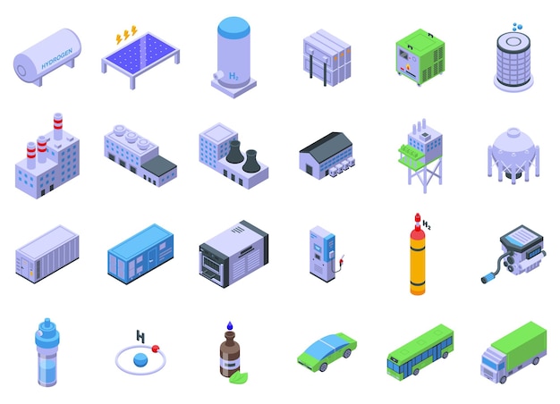 Hydrogen energy icons set isometric vector Fuel energy