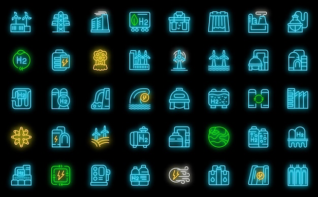 Hydrogen energy icons set vector neon