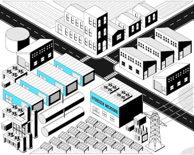 Microgrid a idrogeno con cella solare in grafica isometrica