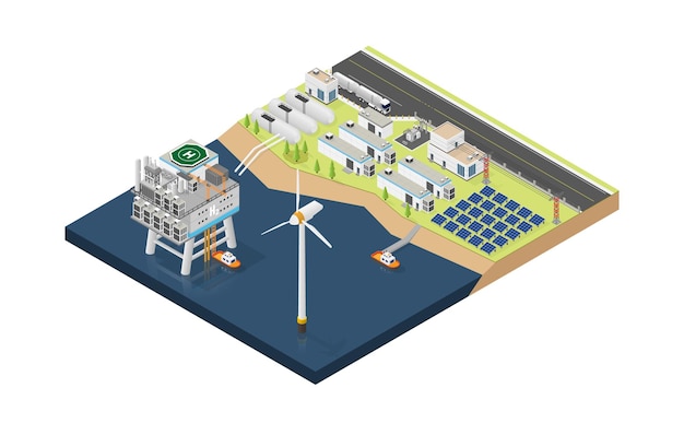 Idrogeno offshore con turbina eolica e cella solare in grafica isometrica