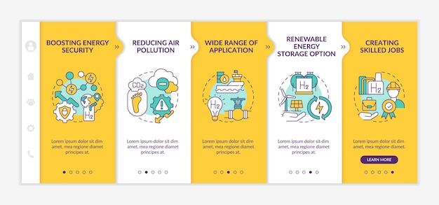 Hydrogen tech revolution onboarding vector template. responsive mobile website with icons. web page walkthrough 5 step screens. renewable energy storage option color concept with linear illustrations