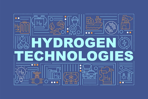 수소 기술 단어 개념 배너입니다. 녹색 에너지 사용. 해군 배경에 선형 아이콘이 있는 인포그래픽. 고립 된 창조적 인 인쇄술. 텍스트와 벡터 개요 컬러 일러스트