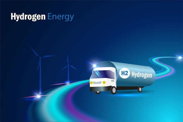 Vector hydrogen truck on futuristic road transport h2 hydrogen fuel to gas stations clean hydrogen energy for renewable fuel alternative sustainable energy fuel for future industry