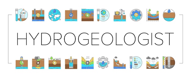 Hydrogeologist industrial icons set vector