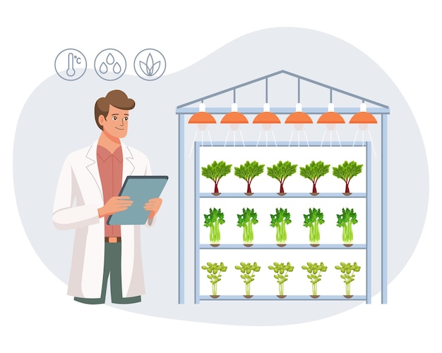 植物の栽培のための水生栽培技術 水生栽培農場の科学者または生物学者