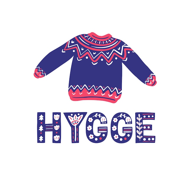스웨터와 장식적인 레터링 스칸디나비아 스타일 아트가 있는 Hygge 크리스마스 일러스트레이션