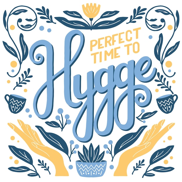 Concetto di hygge. illustrazione e scritte a mano colorate