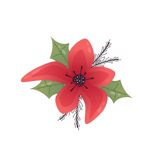 Hygge 居心地の良いクリスマス ポインセチア赤い花分離漫画フラット ベクトル図 分離ベクトル図 休日のクリスマスの装飾 クリスマスの居心地の良い要素