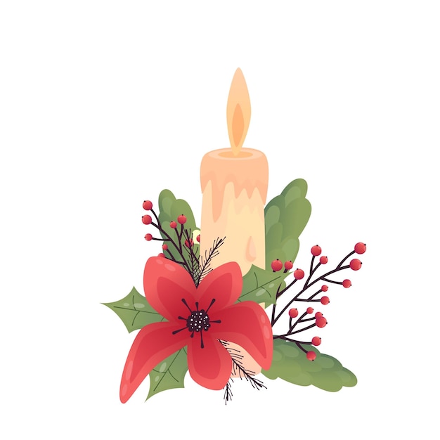 Hygge cozy christmas red flower and candle isolated Cartoon flat vector illustration Isolated vector illustration Holiday xmas decor Christmas cozy elements