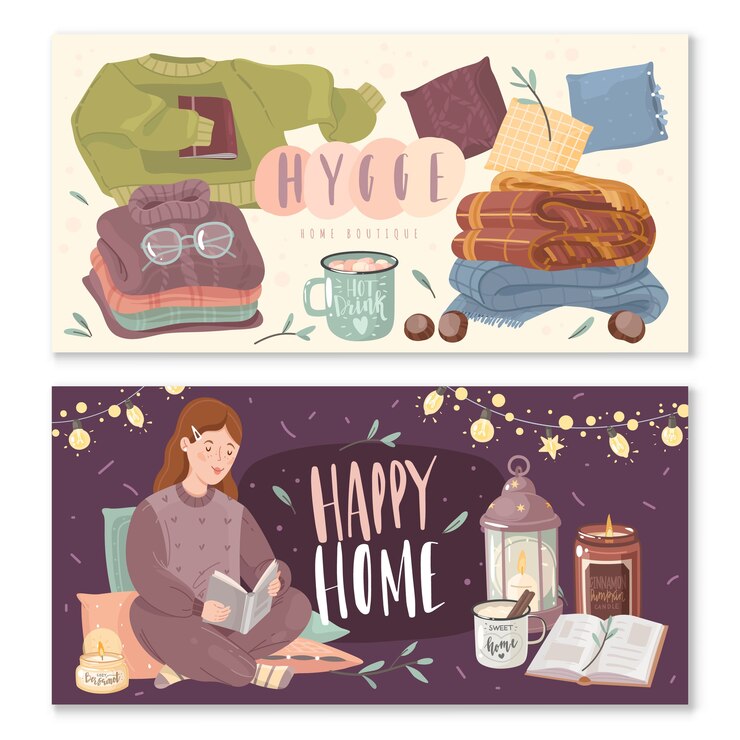 Vector hygge cozy horizontal banners.