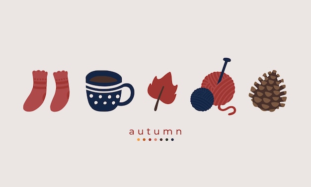 Vettore hygge illustrazione disegnata a mano set di simpatici elementi autunnali calzini tazza di caffè foglie filato pinefor