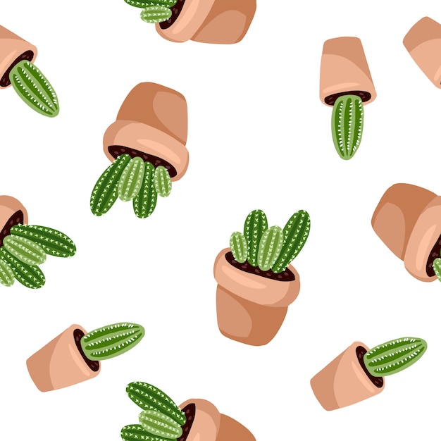 Vector hygge potted cactus plants seamless pattern. cozy lagom scandinavian style