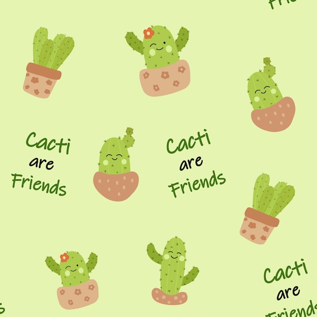 Hygge seamless pattern with cute cacti with tropical flowers.