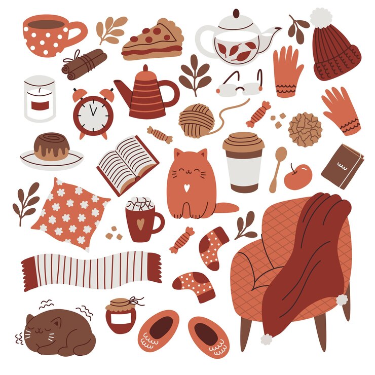 Вектор набор hygge, осенняя уютная коллекция. кресло, пледы, шарф, часы со свечами, будильник, перчатки, шапка, носки, нить, корица, чайник, векторная иллюстрация, нарисованная вручную на белом фоне.