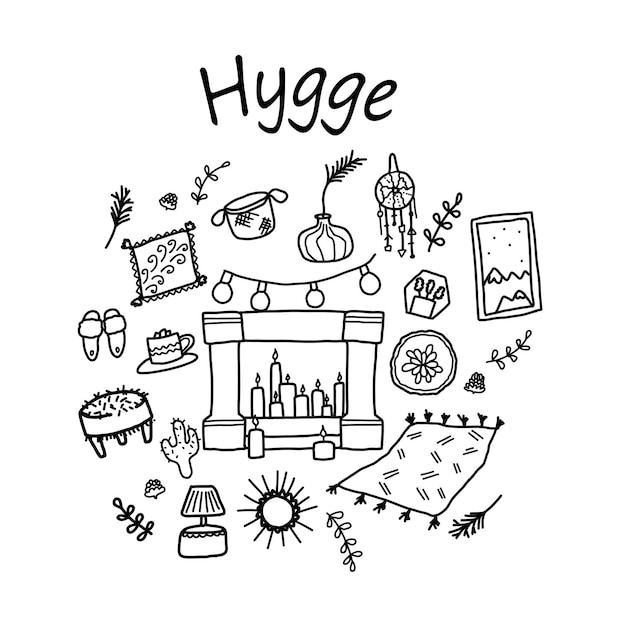 Hygge-set in doodle-stijl scandinavische stijl een set leuke dingen voor hygge-decor