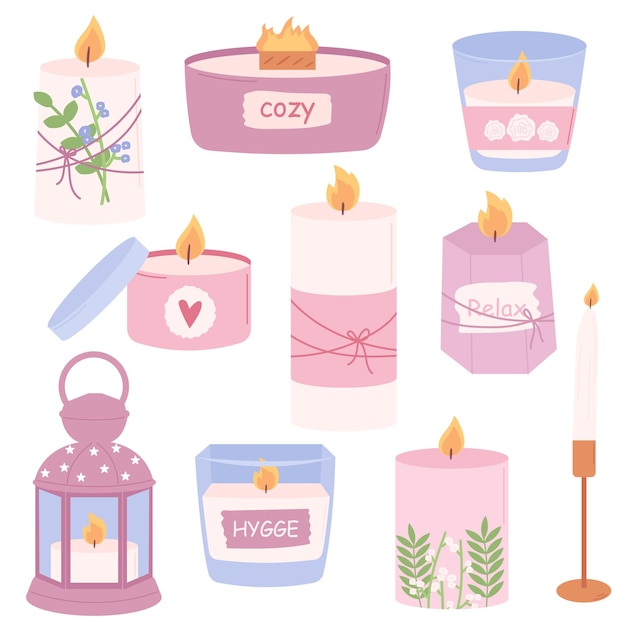 Vector hygge set of various scented aroma candles. collection of cozy candles.