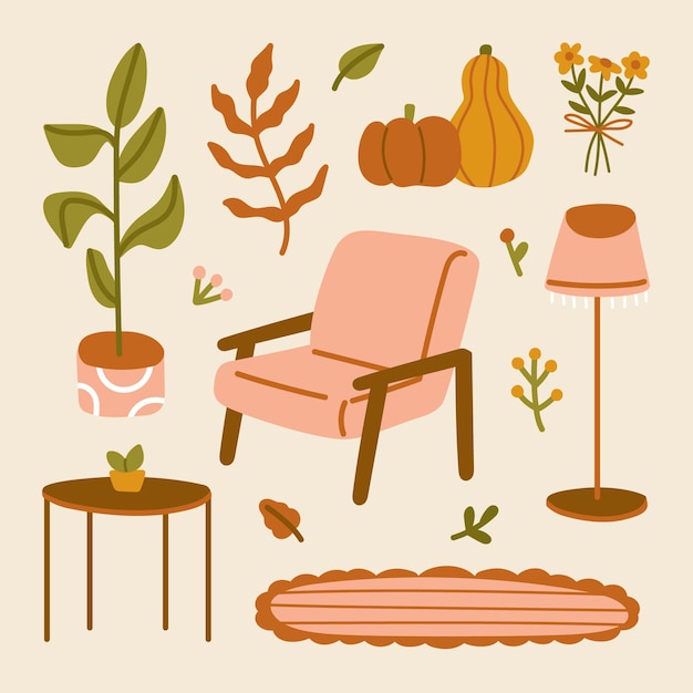 Hygge sfeer interieur stoel vloerlamp tapijt tafel vaas bloem blad kamerplant pompoen illustratie met herfst huis gezellige elementen Scandinavische stijl