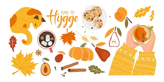 Hygge stelt de tijd in om teksthanden te hyggeeren met hete, pittige drankkoekjes, rode bladeren, herfst, schattig en gezellig