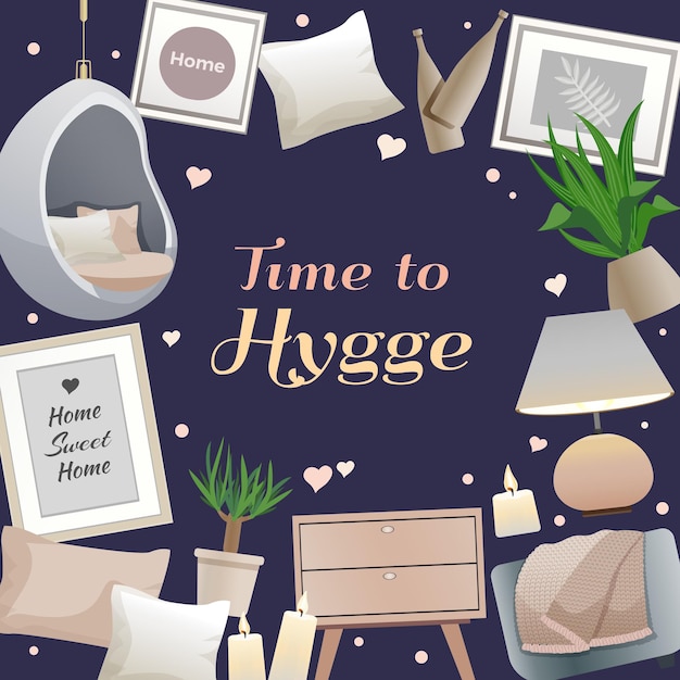 Hygge-stijl interieurelementen frame met kaarsen lamp kussens gezellige leesplekken planten zwarte illustratie