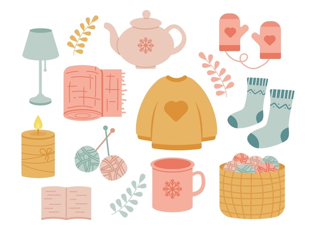 Vector hygge style items set.  cozy house elements