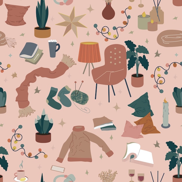 Vector hygge symbols seamless pattern vector illustration isolated on pink