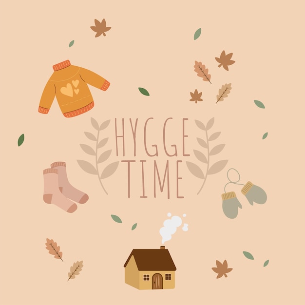 Vector hygge time concept tempalte with seasonal clothes and building icon vector