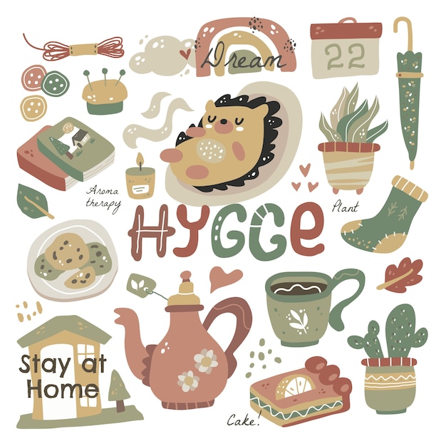 Хюгге с тиснением. элементы hygge милый рисованной скандинавский стиль