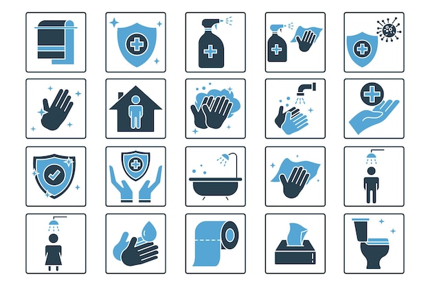 Hygiene icon set Includes hygiene of hands disinfection hand washing toilet cleaning Cleanliness concept Solid icon style design Simple vector design editable