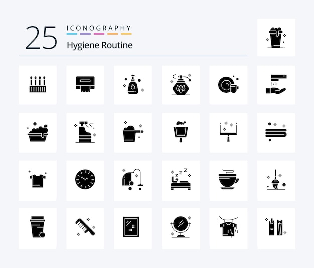 Hygiene Routine 25 Solid Glyph icon pack inclusief reiniging reiniging spray wash reiniging