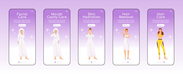 Hygiëne routine onboarding mobiele app scherm platte sjabloon. lichaamshaar verwijderen, gezichtsverzorging. walkthrough website stappen met karakters. ux, ui, gui smartphone cartoon-interface, case prints ingesteld