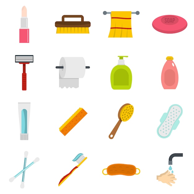 Hygiene tools icons set in flat style