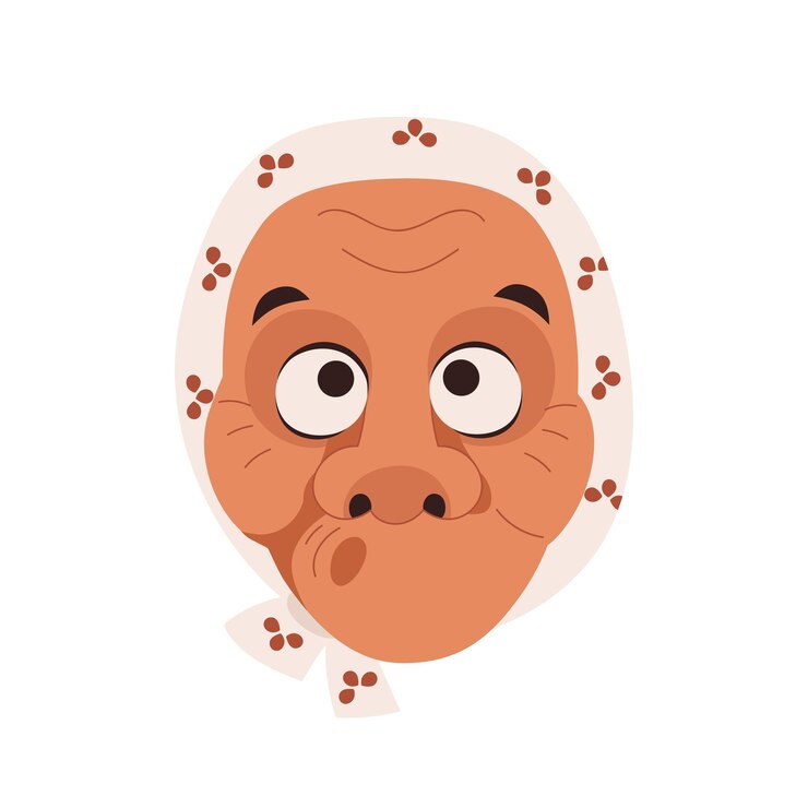 Vector hyottoko, japanese comical noh mask of kabuki theater. japan old woman face with puckered mouth. senior asian wrinkled female head. flat vector illustration isolated on white background