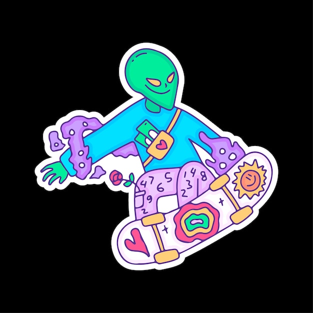 Vettore hype personaggio alieno freestyle con illustrazione di skateboard per maglietta