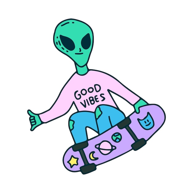 Hype alien freestyle with skateboard, illustration for t-shirt, sticker.