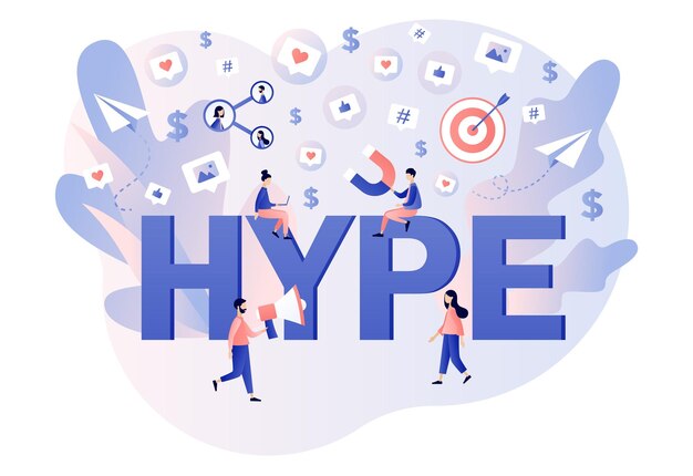 Vector hype big text tiny people following internet trends social media viral or fake content bloggers