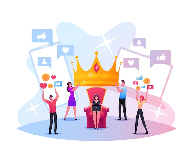 Hype Concept. Tiny Male and Female Characters Put Huge Royal Crown on Woman Head Sitting on Throne. Social Media Viral or Fake Content Spreading, Popularity, Fame. Cartoon People Vector Illustration