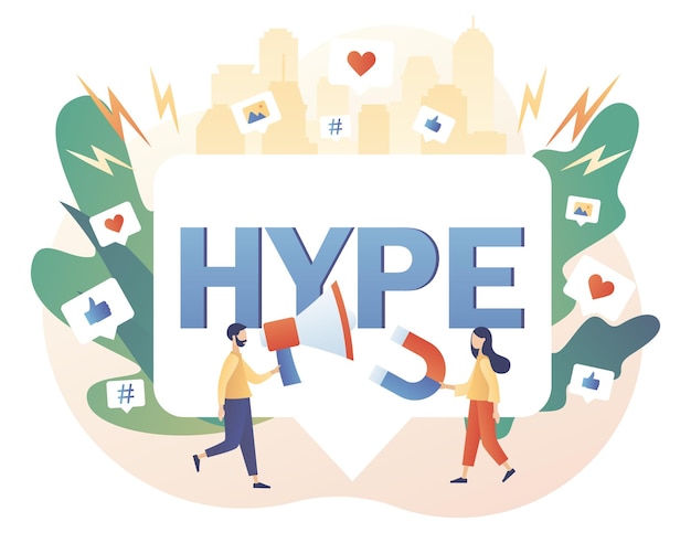 Vector hype marketing bloggers celebrities influencers need more likes tiny people following internet