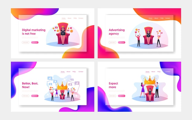 Hype, popularity, fame landing page template set. tiny male female characters put huge royal crown on woman head sitting on throne. social media content spreading. cartoon people vector illustration