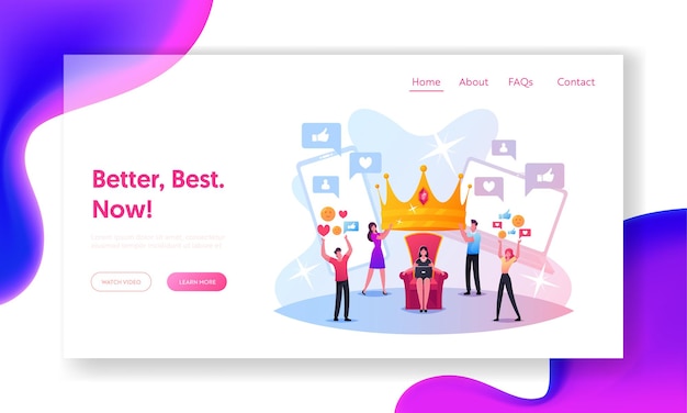 Hype, popularity, fame landing page template. tiny male and female characters put huge royal crown on woman head sitting on throne. social media content spreading. cartoon people vector illustration