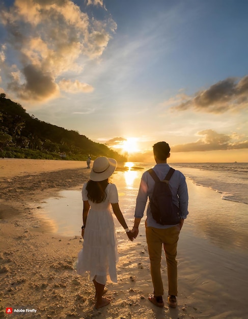 hyper realistic photograph of a sun setting at the horizon couple watching the sunset